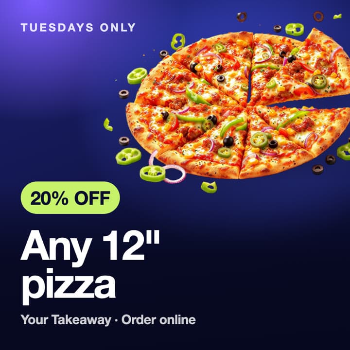 The ad's picture: a pizza with 20% off any 12-inch pizza, Tuesdays only